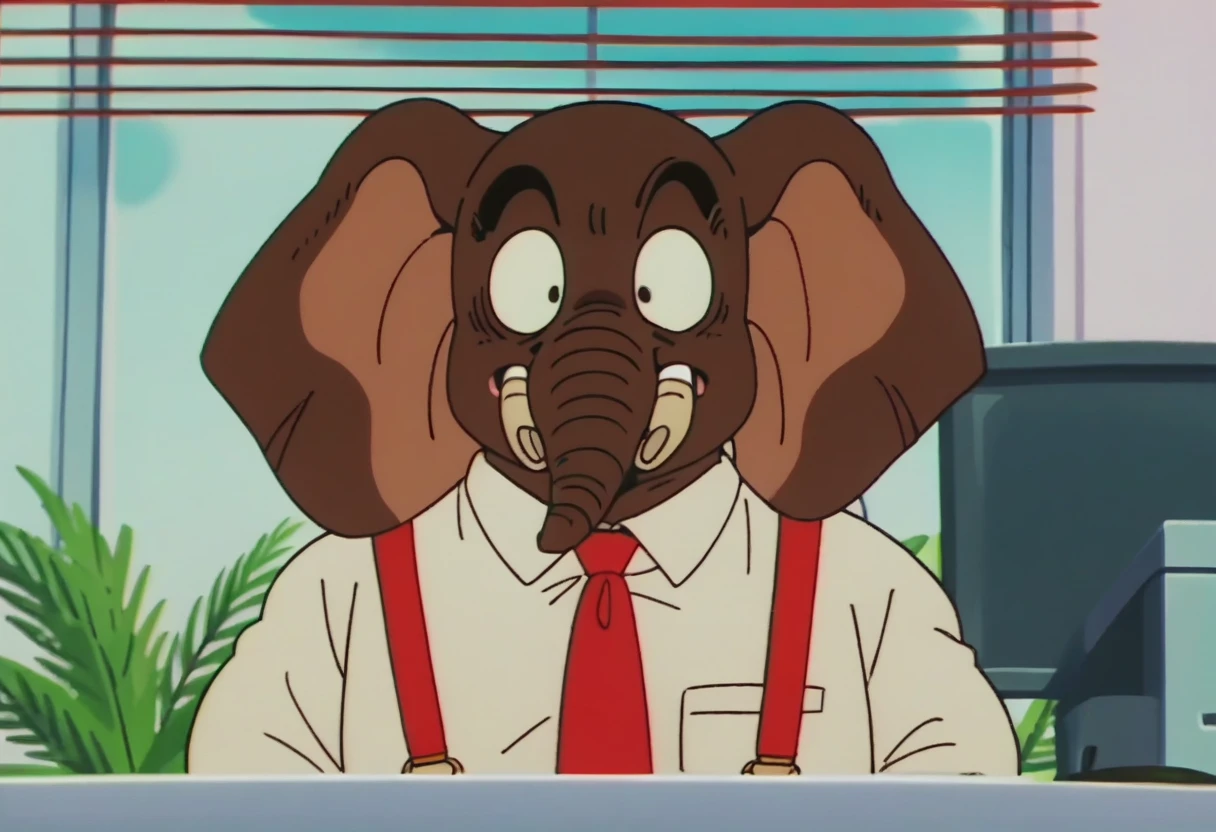 anime screencap,drgbls1, solo, anthro elephant,male, tie,button up shirt, score_9, score_8_up, score_7_up, score_6_up, office building, suspenders
