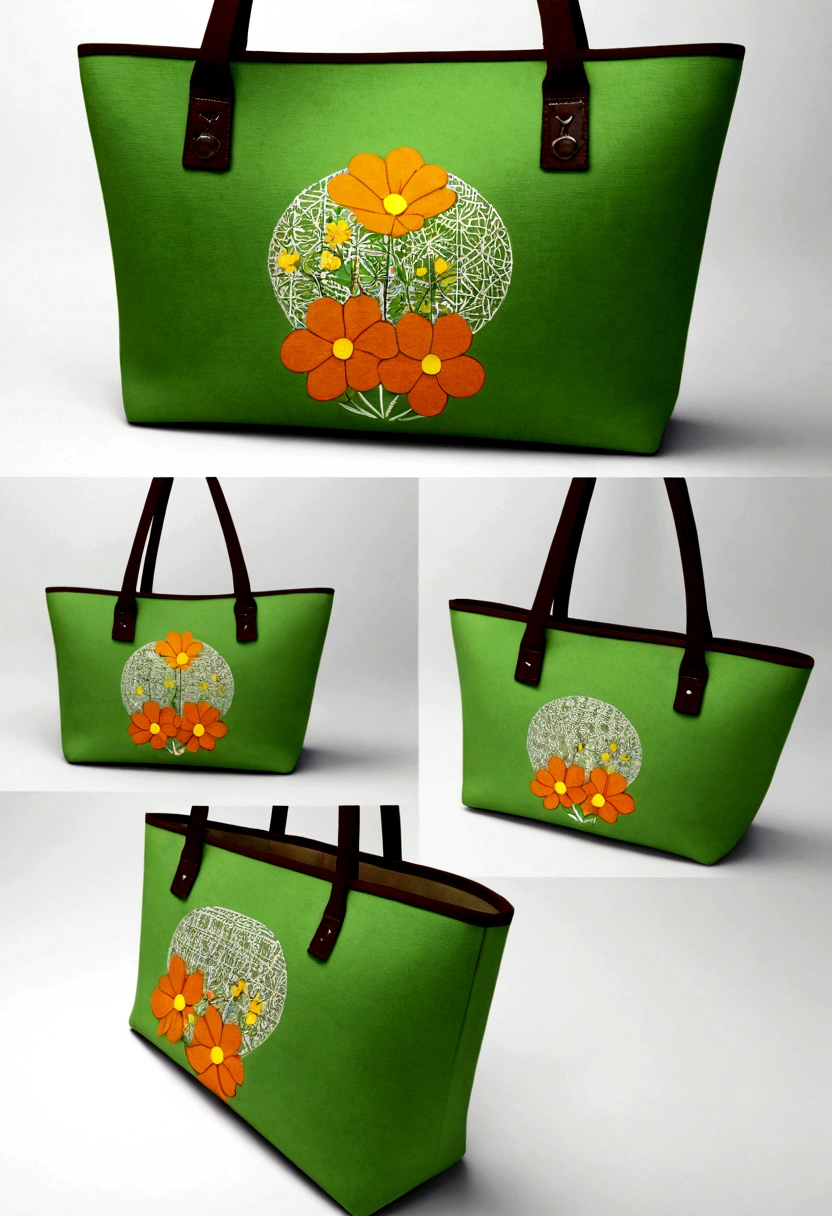 (Canvas Tote Bag Design:1.37),lattice,line,Simplicity,modern,upscale,cute,Color blocking,Flowers,Taiping Life Insurance Logo,Orange,Light green,illustration,Animation,Pixar,in style of geometric, roboto character, beautiful detailed