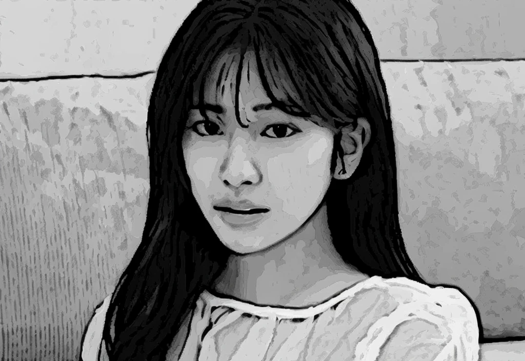 A beautiful girl, delicate facial features, long eyelashes, flowing hair, elegant posture, intricate floral patterns, sunlight filtering through the trees, vibrant colors, photorealistic, 8k, masterpiece, cinematic lighting, lineart, sketch, black and white,