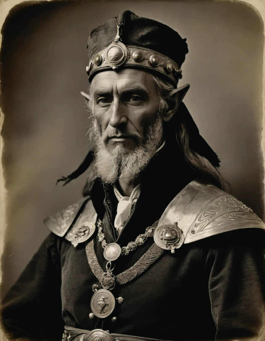 ((((Masterpiece, daguerreotype on old paper, monochrome)))), by Moebius, by Théodore Géricault, the composition is: ((((40 year old male high elf scientist, tan, elf ears, Assyrian beard, sullen, magnificent, he is wearing Mesopotamian costume with Steampunk elements, sashes, medals, pendants)))).
