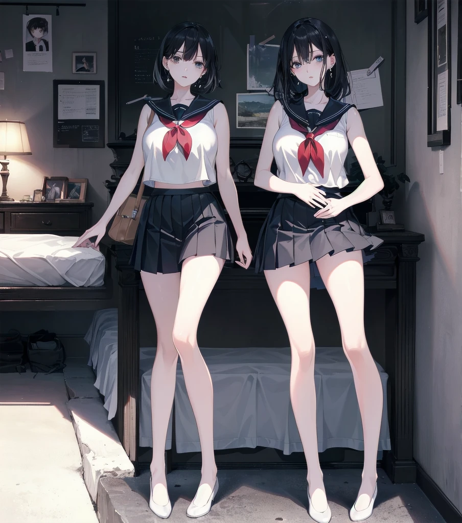 absurdres, RAW photo, extremely delicate and beautiful, masterpiece, Best Quality, ultra high resolution, 32k, hyperrealistic, ultra-detailed, perfect figure, in her 20s, very small head, very small face, delicate facial features, tearful mole, earring, huge breasts, legs, full body shot, medium hair, black hair, Colored inner hair, sweat, school_uniform,