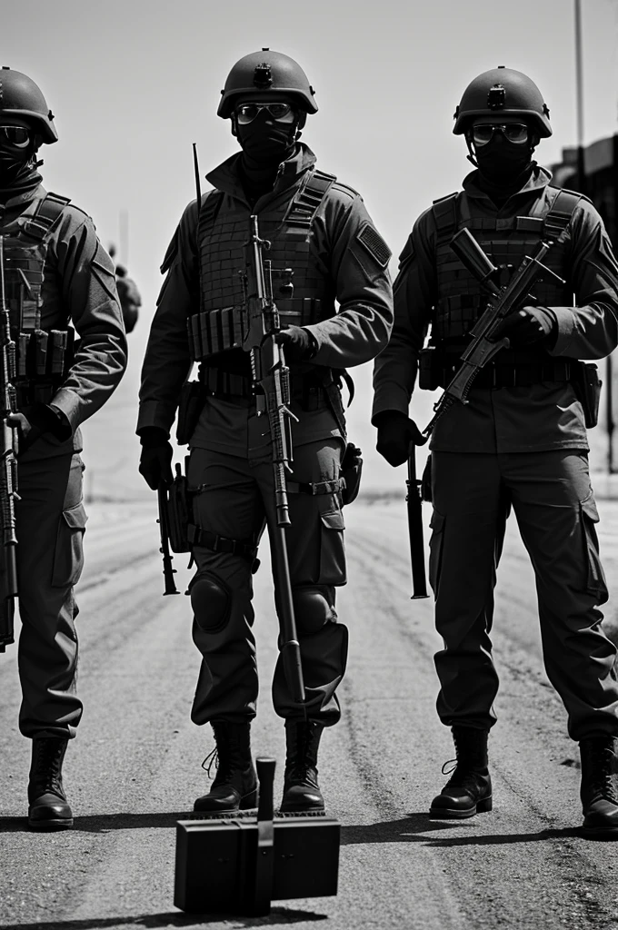 Soldiers with weapons black and white
