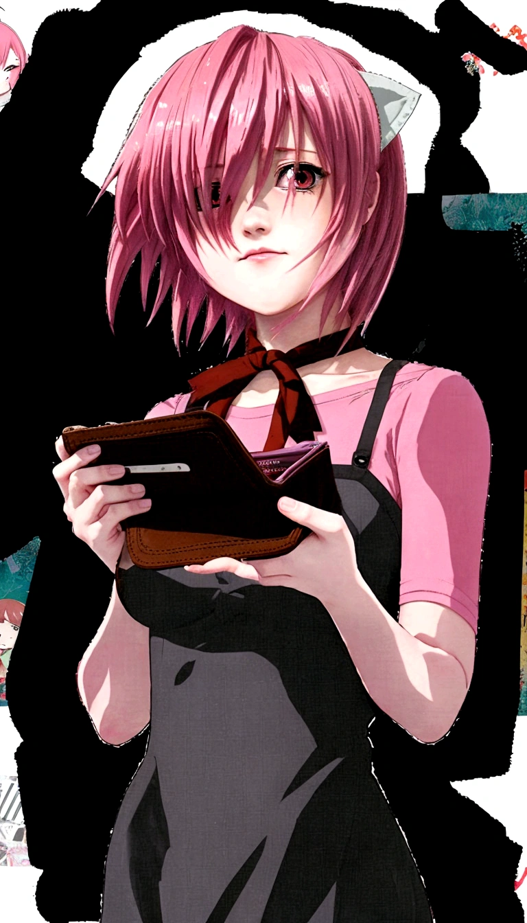 anime girl holding a wallet with a pink hair and a tie, elfen lied, anime girl named lucy, lucy nyu, lain iwakura, iwakura lain, elfen lied, elfen lied, lucy nyu, lucy nyu, elfen lied, elfen lied, elfen lied