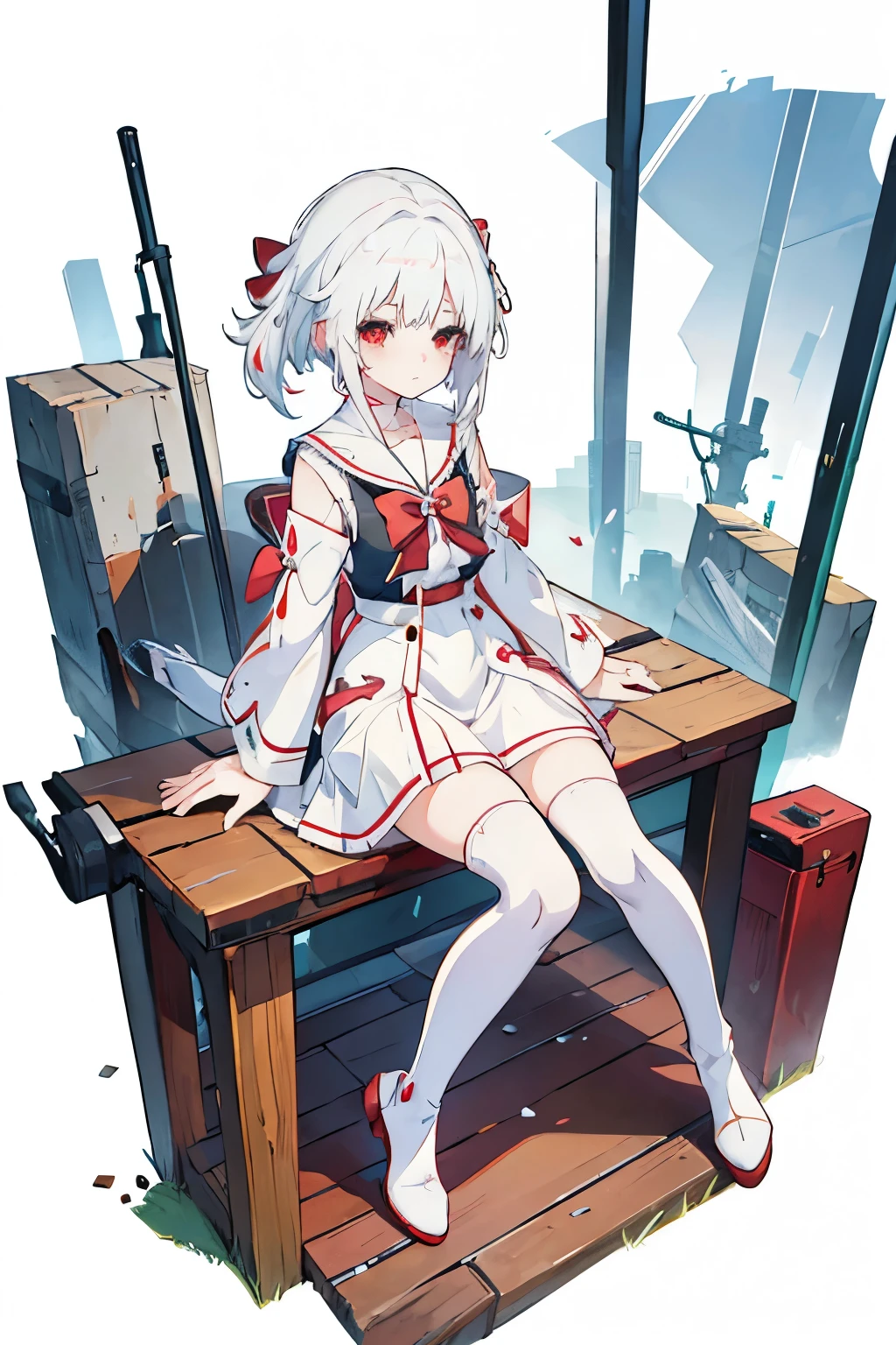 , a young girl, white hair, red eyes, sitting with her arms around her knees, a 9 year old suit, a red crown.