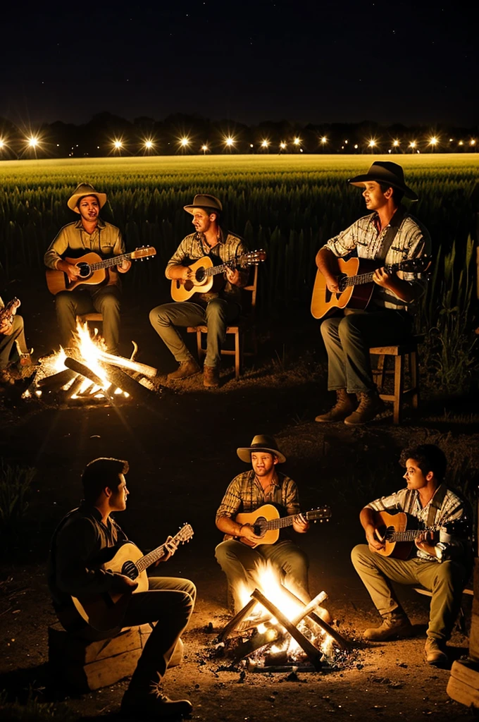 Three farmers at a campfire at night in a Mexican farm field singing songs with guitars