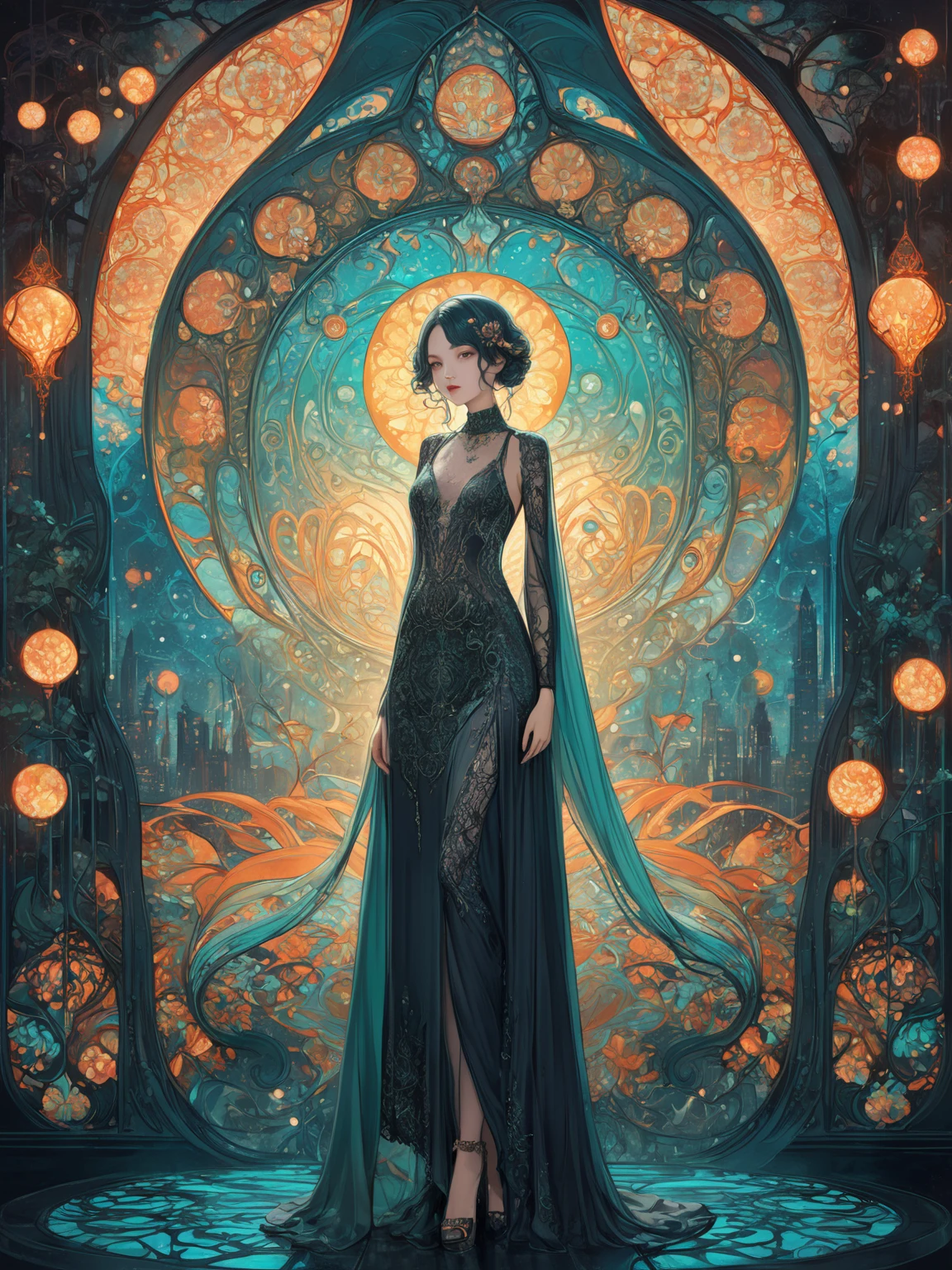 Super detailed, nice, Short jade-colored hair, Golden Eyes, Dress in fantasy style, Blushing, Confident look and pose, Urban Background, Highly stylized, Depth of written boundary, Bokeh effect, Backlight, stylish, elegant, Breathtaking visual richness, Full Body Shot, masterpiece, Art Nouveau influence, Fantastic beauty inspired by Yoshitaka Amano, Intricate floral pattern in the style of Alphonse Mucha, Cyberpunk Neon Cityscape, Delicate lace and silk texture, Whimsical yet dark atmosphere, Surreal Tim Burton-esque architecture, Shining Accents, Otherworldly aura, Provocative yet mysterious attitude