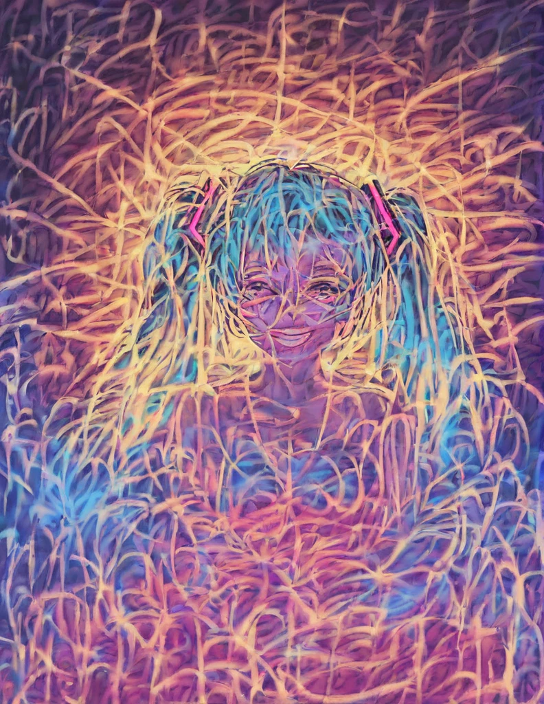Hatsune Miku, colorful Mexican dress, half body, smiling, detailed face, beautiful eyes, intricate embroidery, vibrant colors, glowing skin, dynamic pose, magical realism, ethereal lighting, digital art, 