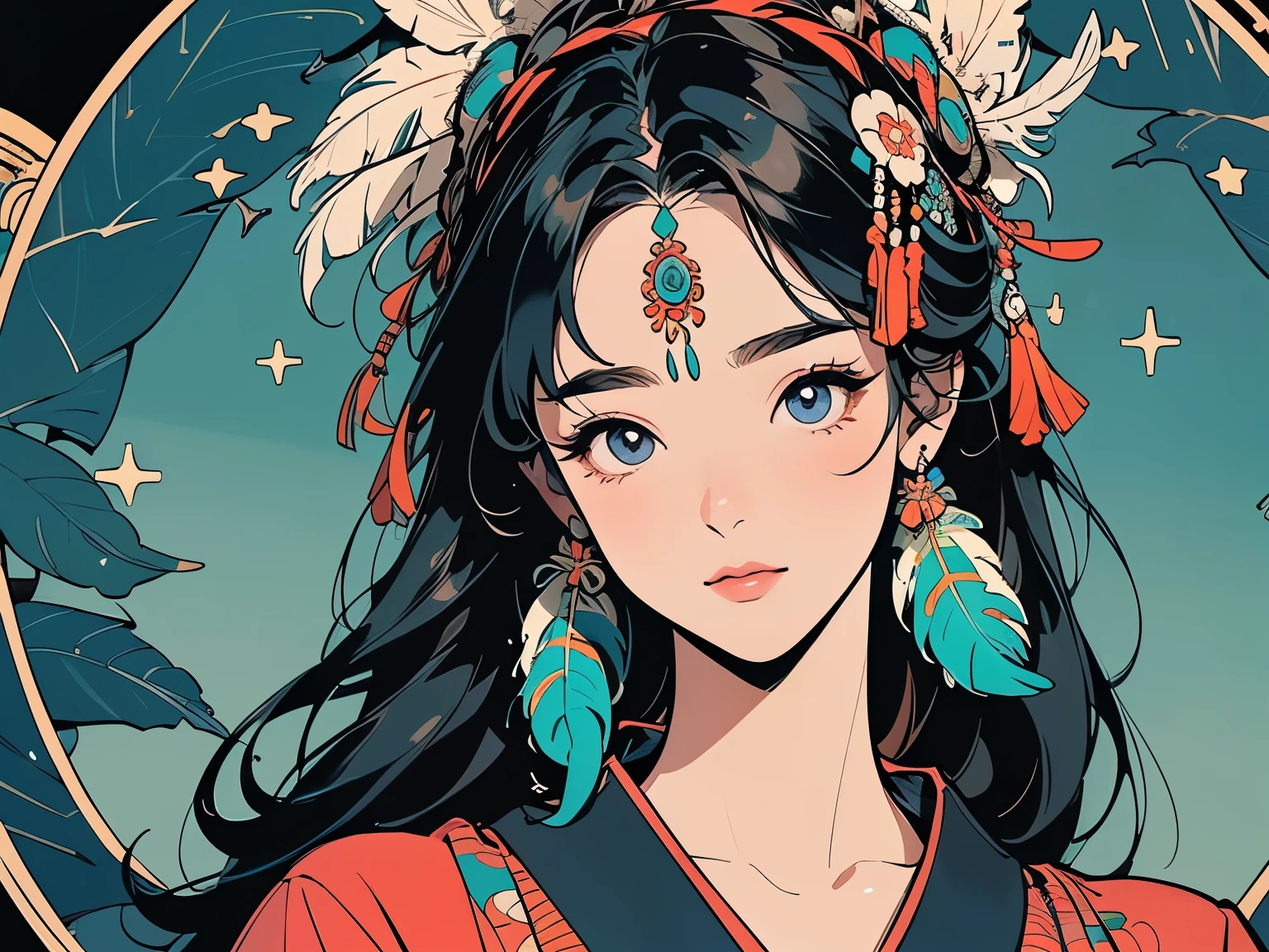 kimono, 完璧なkimono, 詳細なkimono, first-class, Super detailed, (((Super detailedな装飾))),One Woman, Perfect Face, Faint lighting, (((head shot))), Super detailedな髪、(((Sparkling Eyes))),mysterious, The wind is blowing, Panorama, Long Shot, (((Beautiful narrow-eyed monster))),(((Indian feather headdress))),Upper Body,Detailed face、Best quality face、(((Large feather ornament))),peacock feathers、Japanese pattern background