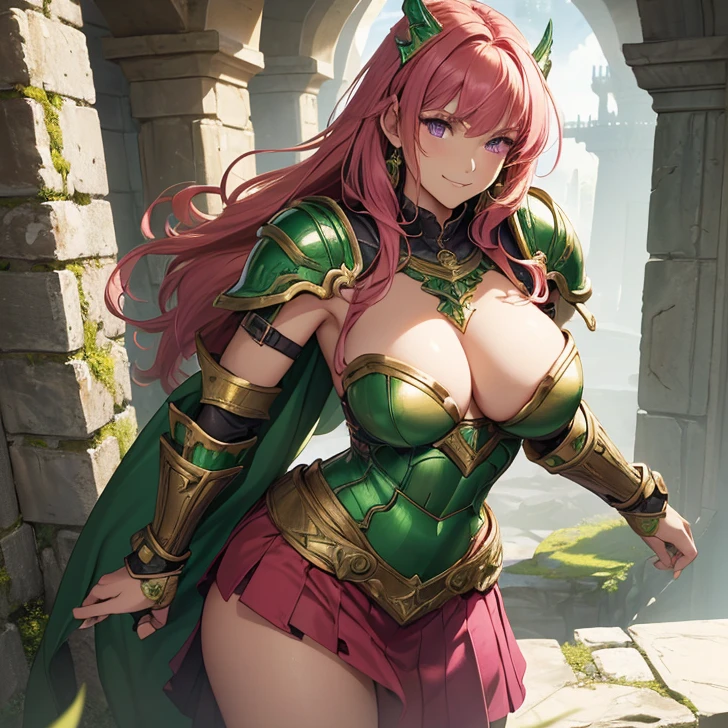 (absurdres, high fantasy artwork, best high quality image, carefuly detailed, very detailed features and textures) full body view solo character
60 years old barbarian woman milf, long curly red hair, purple eyes, medium big breasts, (full body paladin armour with green heavy paladin armor, big bulky green shoulder pads with golden trims, green bulky steel boots with golden trim, pink scottish scuared skirt covered in green steel with gold trims, no revealing body fearures, all her body is covered with full steel armor)
Smiling, cheerful, kind and wise, doing a confident and brave pose with her fists on her hips
Stone irish castle tower with ancient greek forniture and celtic forniture