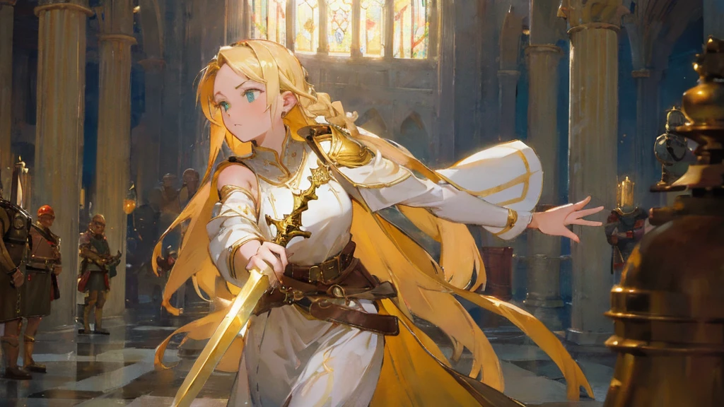 Ground-shot angle of a girl, with long blonde braided hair, green eyes. She's wielding a sword. She's wearing a white tunic and golden shoulder pads. In a maze. Beautiful lights, iper-realistic, masterpiece, cinematic lighting, best quality, anatomically perfect.