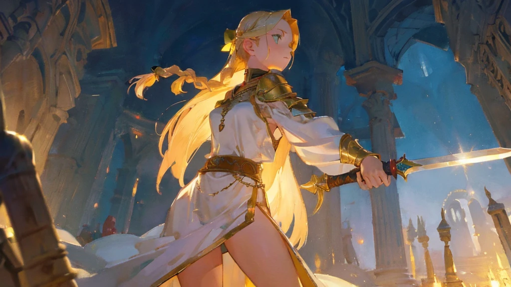 Ground-shot angle of a girl, with long blonde braided hair, green eyes. She's wielding a sword. She's wearing a white tunic and golden shoulder pads. In a maze. Beautiful lights, iper-realistic, masterpiece, cinematic lighting, best quality, anatomically perfect.