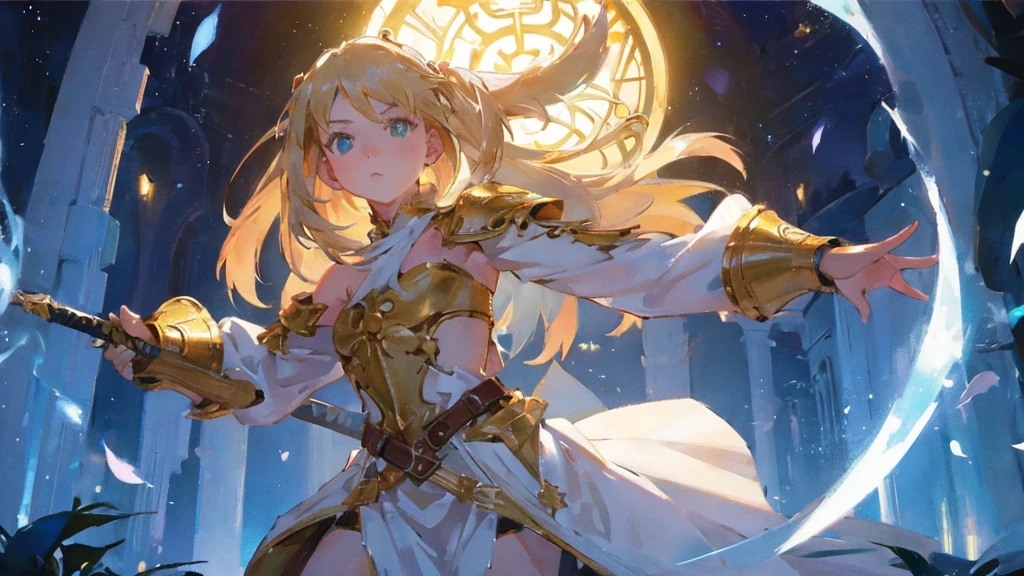 Ground-shot angle of a girl, with long blonde braided hair, green eyes. She's wielding a sword. She's wearing a white tunic and golden shoulder pads. In a maze. Beautiful lights, iper-realistic, masterpiece, cinematic lighting, best quality, anatomically perfect.