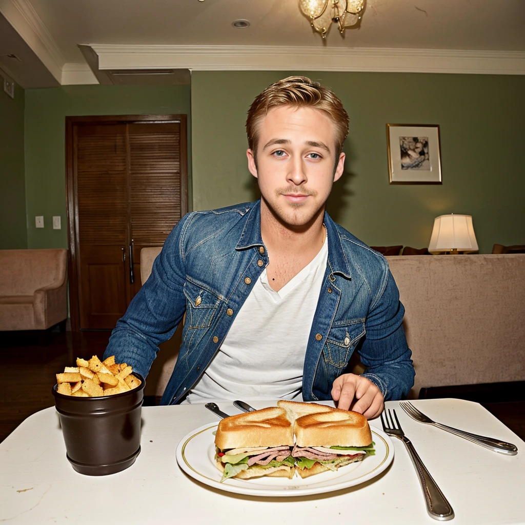 ryan gosling eating behind the table with turkey sandwich; wide angle front face view