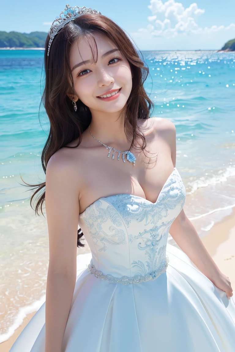 (Highest quality、masterpiece、8K、Best image quality、Hyperrealism、Award-winning works)、(Princess in a wedding dress:1.1)、(The most gorgeous and luxurious princess wedding dress:1.2)、(Perfect Highest quality wedding lace:1.1)、(The most luxurious and highest quality giant tiara:1.2)、(The ultimate tiara with a huge jewel:1.1)、(Huge Jewelry Top End Necklace:1.1)、(The most luxurious and highest quality giant necklace:1.2)、(The most luxurious wedding dresses with lots of jewellery:1.1)、(A gorgeous wedding dress with intricate and beautiful details:1.1)、(Standing Elegantly:1.2)、(The most natural and wide々Standing on a beautiful and perfect beach:1.2)、(wide々Standing on the shore of beautiful waves:1.1)、(Beautiful perfect sandy beach:1.1)、(Beautiful sunny sky:1.1)、(Beautiful thunderclouds:1.1)、Beautiful sea、(A clear and vibrant beautiful sea:1.1)、Complex sea glow、Beautiful sea details are drawn、(Large Breasts:1.1)、(Accentuate your body lines:1.1)、Accurate anatomy、Perfect Makeup、Long eyelashes、Glossy Lips、Ultra HD glossy skin、(Ultra-high resolution, bright and beautiful skin:1.1)、Ultra-high definition glossy lips、Ultra-high resolution beautiful teeth、(very bright and vivid:1.3)、(Bright sunny sky:1.1)、(Vivid and clear sea:1.1)、(Bright and glowing skin:1.2)