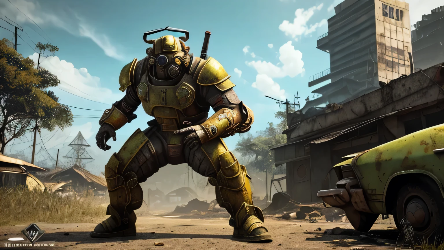 fallout, indonesia theme, post-apocalyptic, jakarta, nation, identic, vernacular, authentic, realistic, indonesia, fallout 4 style, a super mutant inside big power armor showing to camera upclose taking a fight with super mutant, duel