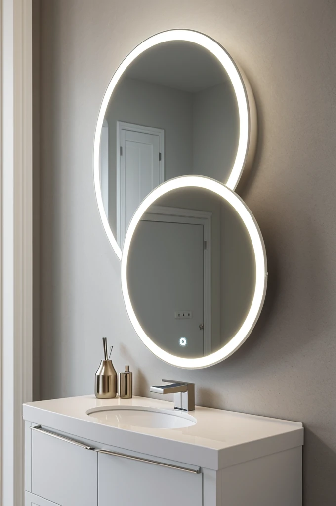 "A smart mirror called LightMirror that combines a high-quality mirror with adjustable lighting technology and smart features. The mirror has a circular design with an LED light frame that changes color and brightness according to the user&#39;s preferences. At the bottom of the mirror, there is a small touch control panel integrated. LightMirror is mounted on the wall of a modern and stylish bathroom, with a sink and some minimalist bathroom accessories around. The mirror light is in a warm tone, creating a relaxing environment."