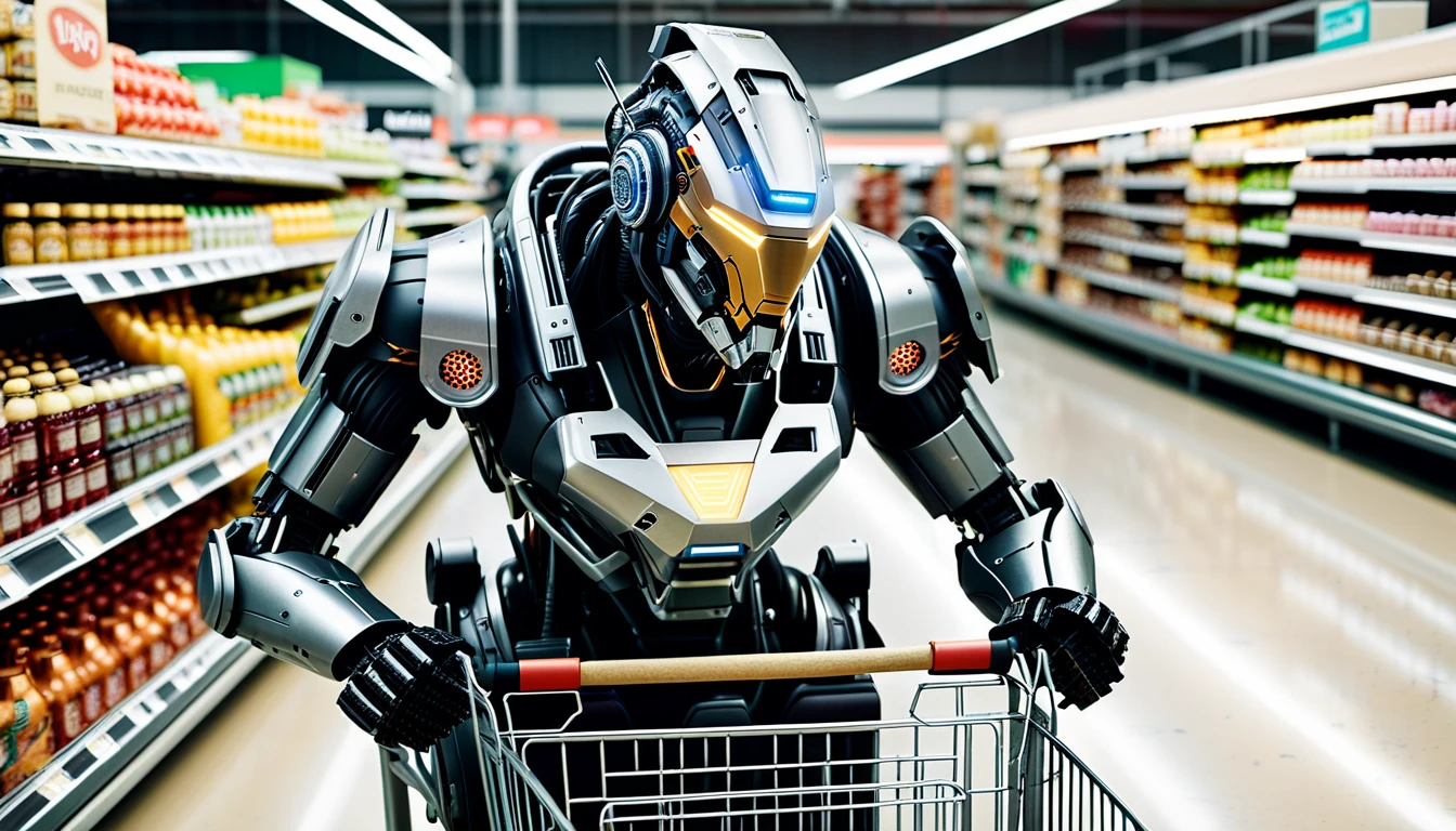 High angle camera view from above, ((Full body)) shot of a humanoid cyborg robot who is (((pushing a shopping cart full with products))) in a supermarket. The humanoid cyborg robot have armor and ((circuits and colored LEDs)) are embedded in. The cyborg armor made of different metallic materials, adorned in scratched and tarnished armor reminiscent of a bygone era. The armor is textured, distressed, vintage, edgy, dirty, intricate, tubes and cables. Photorealistic surface of the robot, high tech, cybertech, made of different materials.  Neutral colors, lomochrome, vintage color tones, dramatic, dynamic composition.Lifelike textures, sharp focus, depth of field, cinematic lighting, Contrast lighting, volumetric lighting, best shadows,Realism, Cinematic, Photoreal, 35mm film, Screengrab a Super Panavision film, in color. Best quality , hdr, uhd, 8k, analog camera shot.