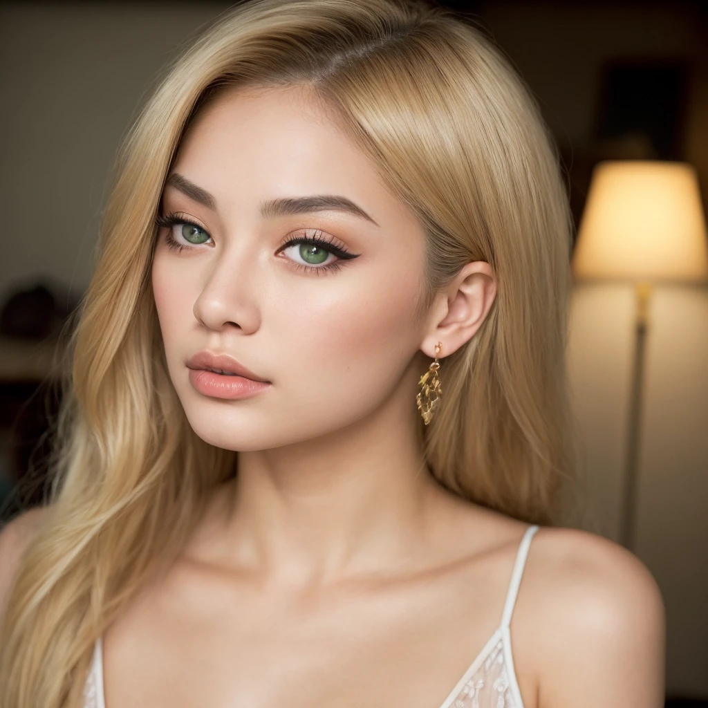 a medium shot of a blonde Instagram model, wearing a kimono, tied tight, seductive look, flirting with camera, closeup, bending,