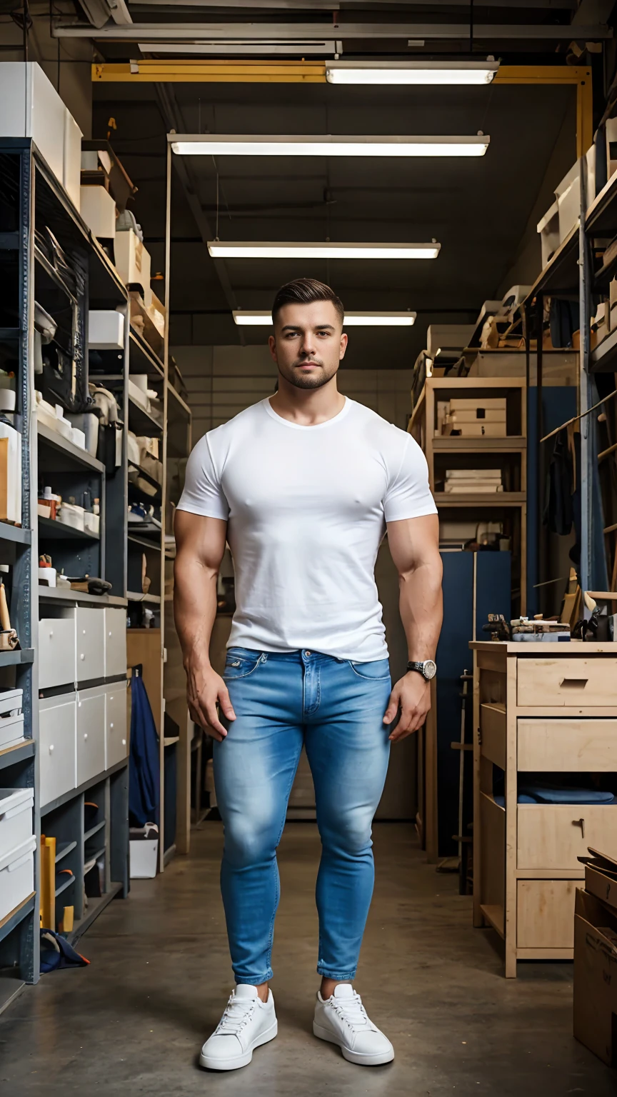 full body, Realistic, Photography, man, 28 years, short haired, stocky muscular body, White shirt, long blue jeans, and sneakers, standing in the workshop, facing the camera, stand up straight, masculine pose, calm expression, detailed face, detailed background, bright light, sunlight