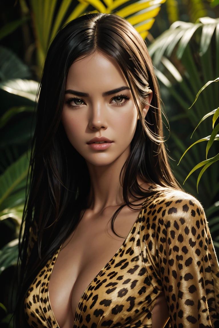 Odette Annable, wearing sexy cheetah clothes. professionally retouched, soft lighting, realisitic, SMOOTH FACE, perfects eyes, sharp focus on the eyes, 8K, High definition, incredibily detailed, intricate, chic. on a jungle background.