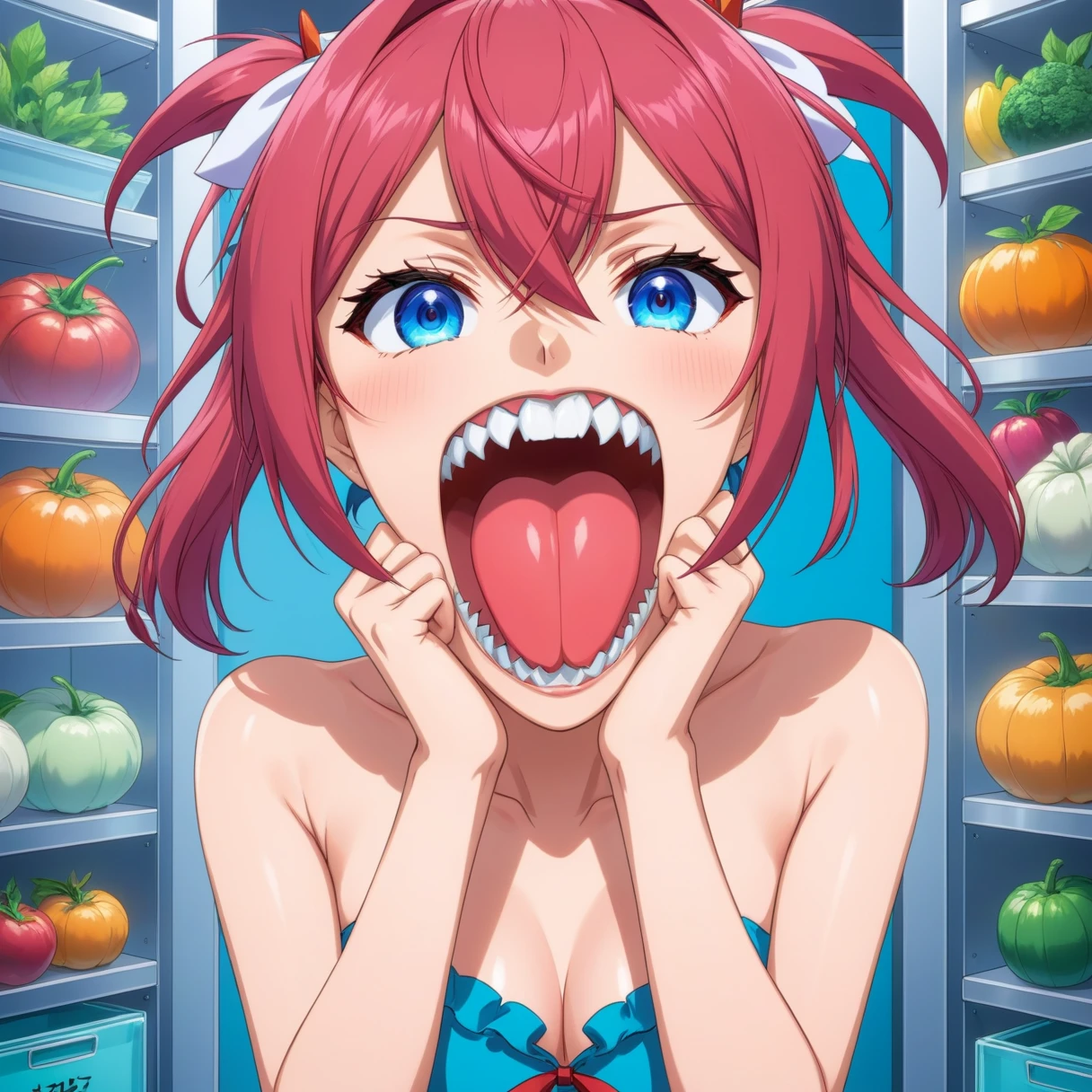 Anime works (refrigerator) Has large, sharp teeth, Open your mouth wide, In the kitchen. . Anime Style, Key Visual, Vibrant, Studio Anime, Very detailed