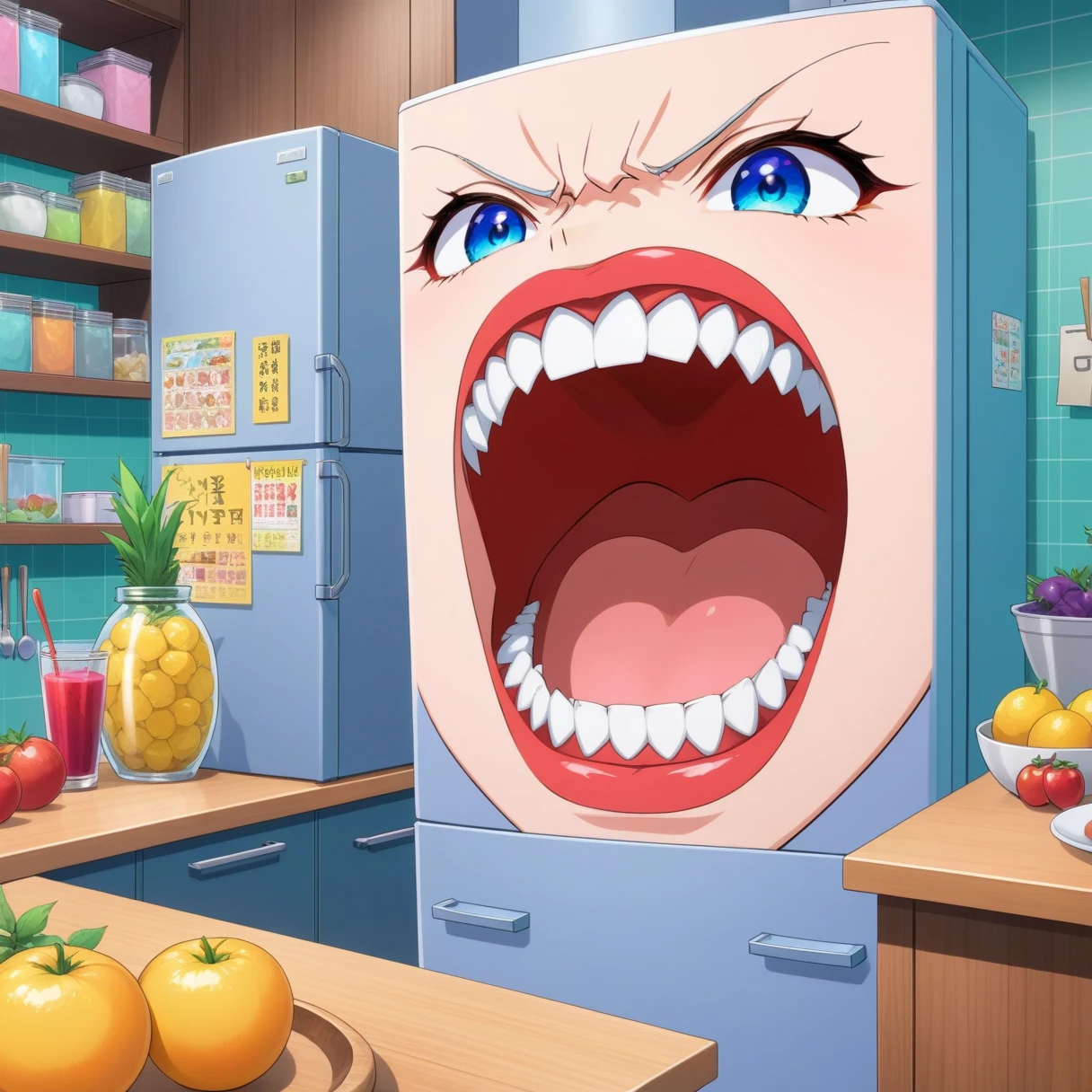 Anime works (refrigerator) Has large, sharp teeth, Open your mouth wide, In the kitchen. . Anime Style, Key Visual, Vibrant, Studio Anime, Very detailed