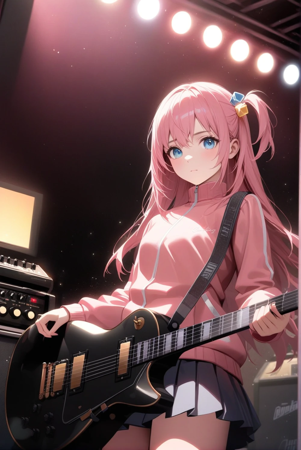 (semi-realistic:0.8), scenary, super detail, hyper-detailed, hard lighting, light particles, music studio, stage, amps, drums, 1girl, solo, (cube hair ornament:0.75), one side up, beautiful eyes, closed mouth, pink hair, long hair, hands holding Gibson Les Paul electric guitar, pink track jacket, pleated skirt, standing, looking at viewer, front, front view, from below, cowboy shot