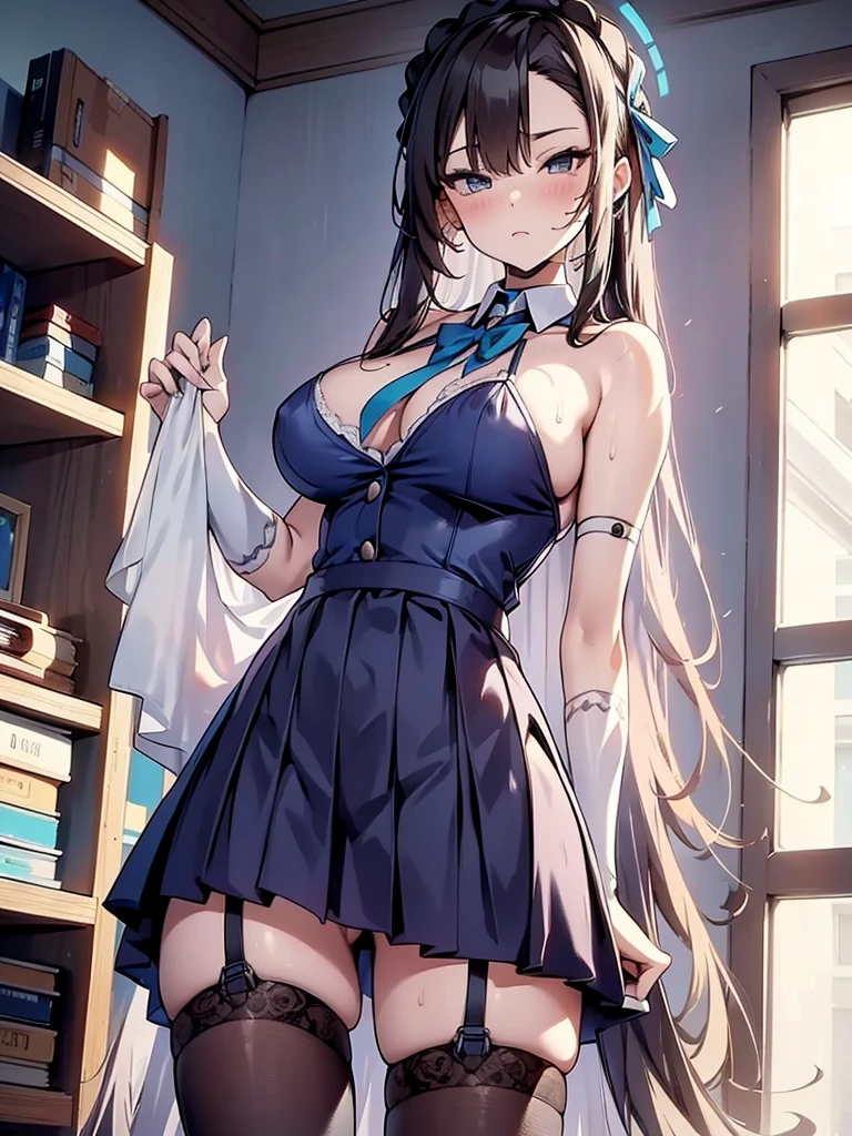 ((Grabbing a inserer pussy)), Pleakirt, My Room, (Angry face, blush, Sweat, pussy Juice:1.3,),ding, navy long hair, Big Breasts, Bend your c hair