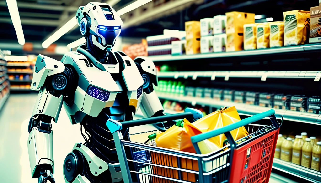 High angle camera view from above, ((Full body)) shot of a humanoid cyborg robot who is (((pushing a shopping cart full with products))) in a supermarket. The humanoid cyborg robot have armor and ((circuits and colored LEDs)) are embedded in. The cyborg armor made of different metallic materials, adorned in scratched and tarnished armor reminiscent of a bygone era. The armor is textured, distressed, vintage, edgy, dirty, intricate, tubes and cables. Photorealistic surface of the robot, high tech, cybertech, made of different materials. Neutral colors, lomochrome, vintage color tones, dramatic, dynamic composition.Lifelike textures, sharp focus, depth of field, cinematic lighting, Contrast lighting, volumetric lighting, best shadows,Realism, Cinematic, Photoreal, 35mm film, Screengrab a Super Panavision film, in color. Best quality , hdr, uhd, 8k, analog camera shot.