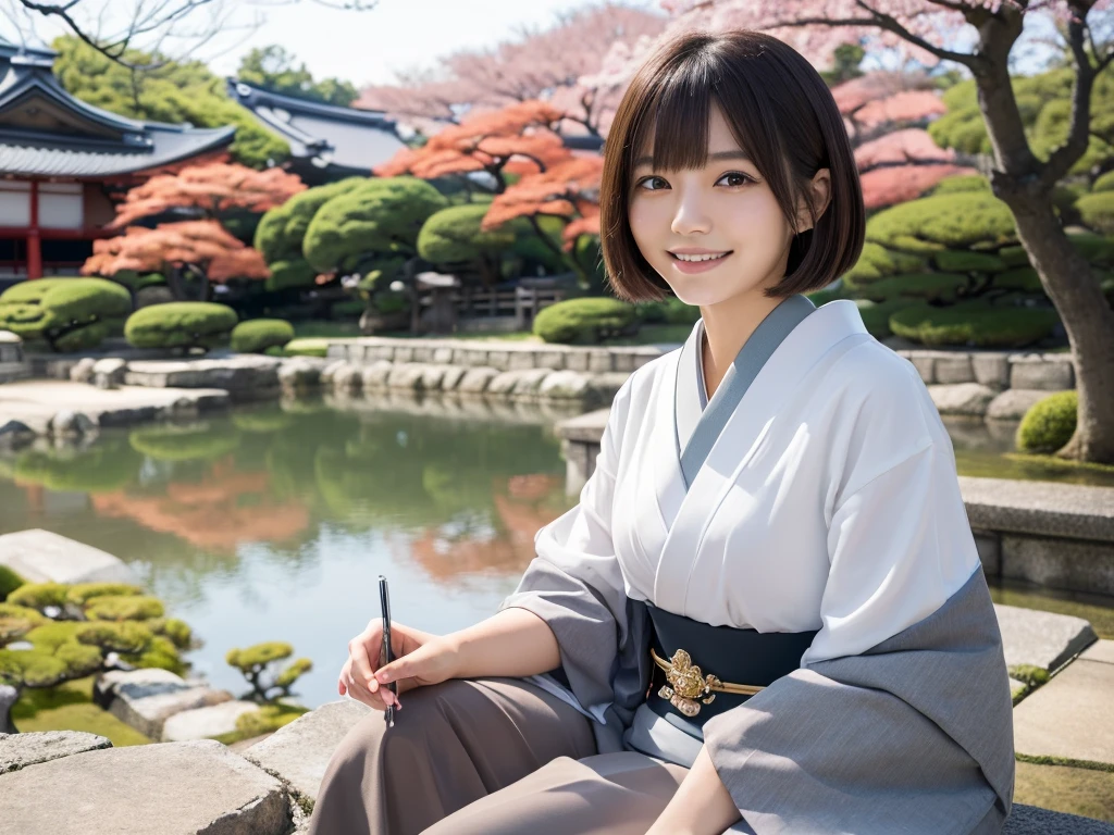 (best quality:1.2), masterpiece, Realistic, Ultra-high resolution, (((1 Japanese woman:1.2))), , Bobcut, wearing write ノースリーブのシャツ, smile, Park during the day