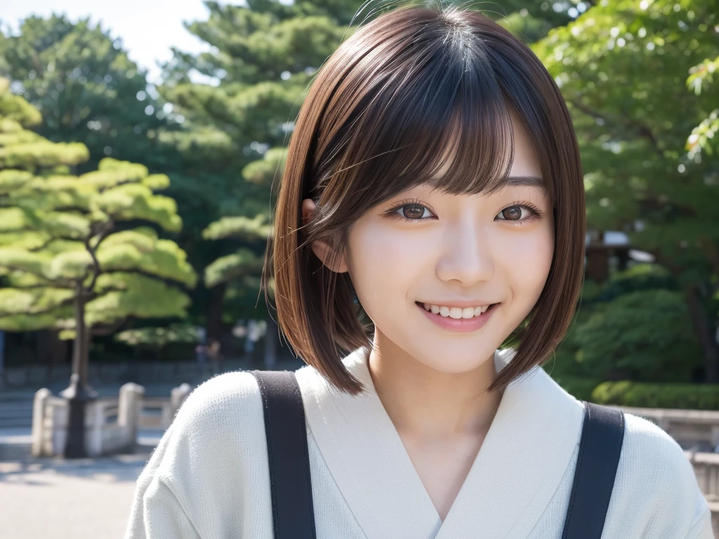 (best quality:1.2), masterpiece, Realistic, Ultra-high resolution, (((1 Japanese woman:1.2))), 17 years old, Bobcut, wearing write ノースリーブのシャツ, smile, Park during the day