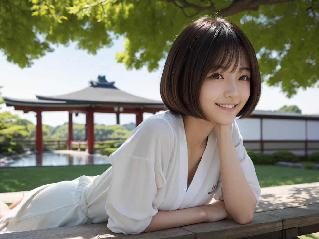 (best quality:1.2), masterpiece, Realistic, Ultra-high resolution, (((1 Japanese woman:1.2))), 17 years old, Bobcut, wearing write ノースリーブのシャツ, smile, Park during the day