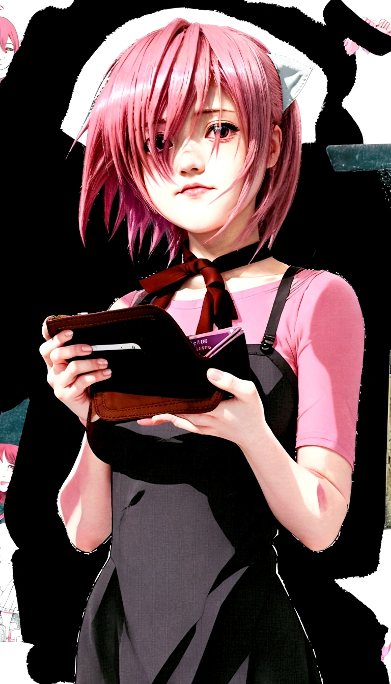 anime girl holding a wallet with a pink hair and a tie, elfen lied, anime girl named lucy, lucy nyu, lain iwakura, iwakura lain, elfen lied, elfen lied, lucy nyu, lucy nyu, elfen lied, elfen lied, elfen lied 