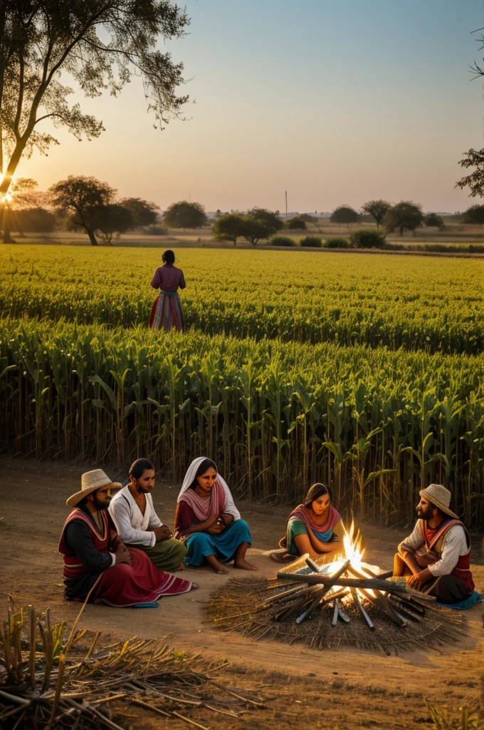 Three peasants 2 are sleeping and the one in the middle is sitting on a koche bonfire in a Mexican crop field 