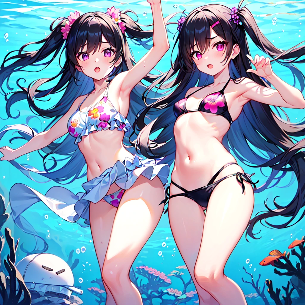 masterpiece, best quality, high quality, extremely detailed, very delicate and beautiful, (2female 18 years old two:1.3), (long black hair up to waist with two side up:1.4), bangs to eyebrows, eyes (1.4), (long black hair, two-side up to waist:1.4), (forelock to eyebrows), (eyes sharp and strong, glossy glossy eyes, eyebrows glossy: 1.3), (eye color magenta: 1.3), 6.5 head height, (summer flower print in bikini swimsuit: 1.3), (swimming: 1.3), (dynamic pose), (background deep sea underwater: 1.3)