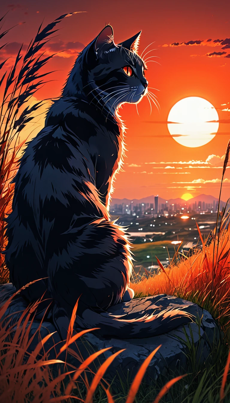 anime landscape of a cat sitting on a hill with tall grasses looking at a hellish orange and red sunset, serene sky anime nature wallpapers, beautiful anime scene, beautiful anime peace scene, Makoto Shinkai Cyril Rolando , beautiful anime scene, amazing wallpaper, 8k anime art wallpaper, anime background, artistic anime background, 4k anime wallpaper, anime art 4k wallpaper, anime art wallpaper 4k,