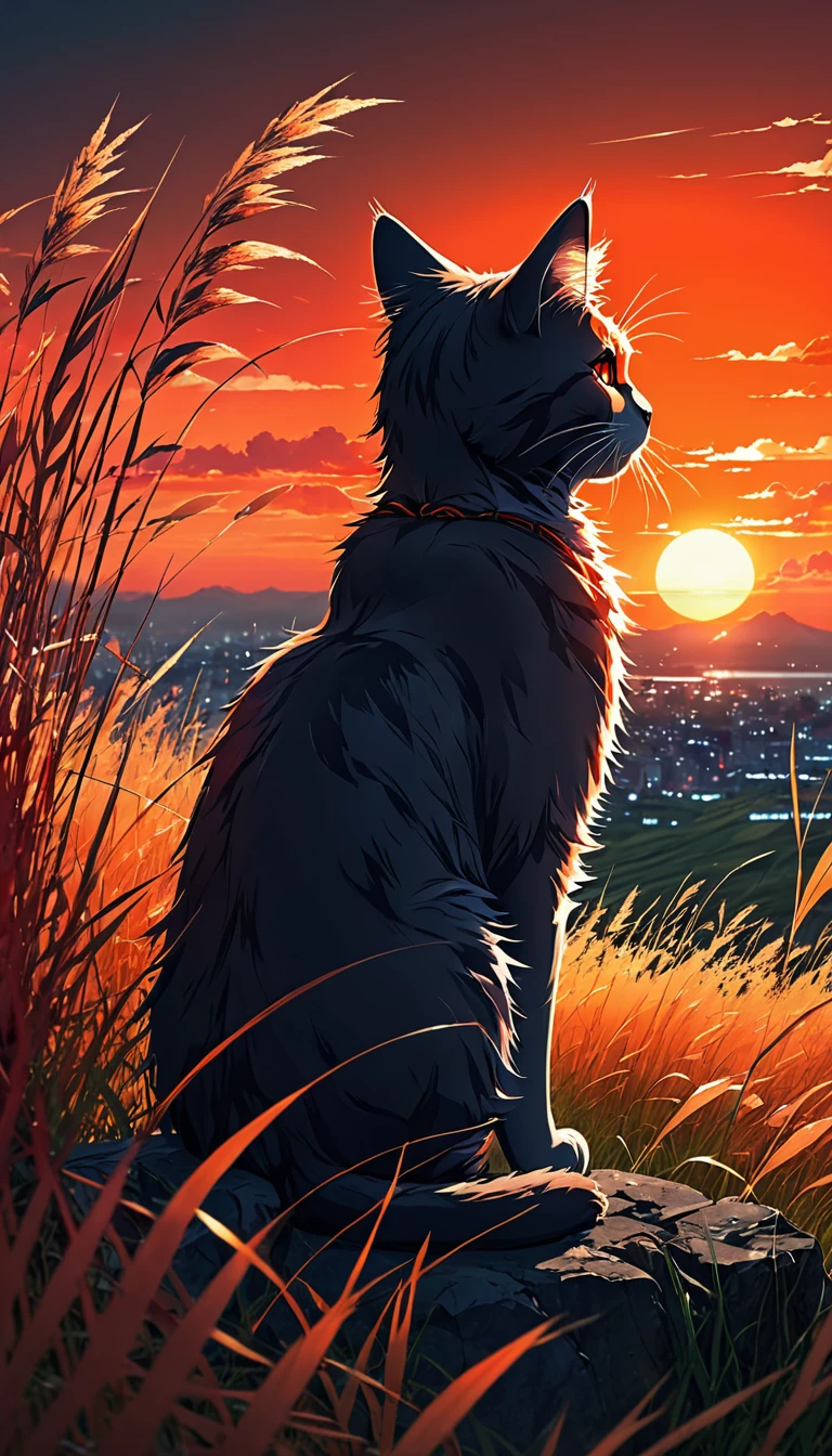 anime landscape of a cat sitting on a hill with tall grasses looking at a hellish orange and red sunset, serene sky anime nature wallpapers, beautiful anime scene, beautiful anime peace scene, Makoto Shinkai Cyril Rolando , beautiful anime scene, amazing wallpaper, 8k anime art wallpaper, anime background, artistic anime background, 4k anime wallpaper, anime art 4k wallpaper, anime art wallpaper 4k,