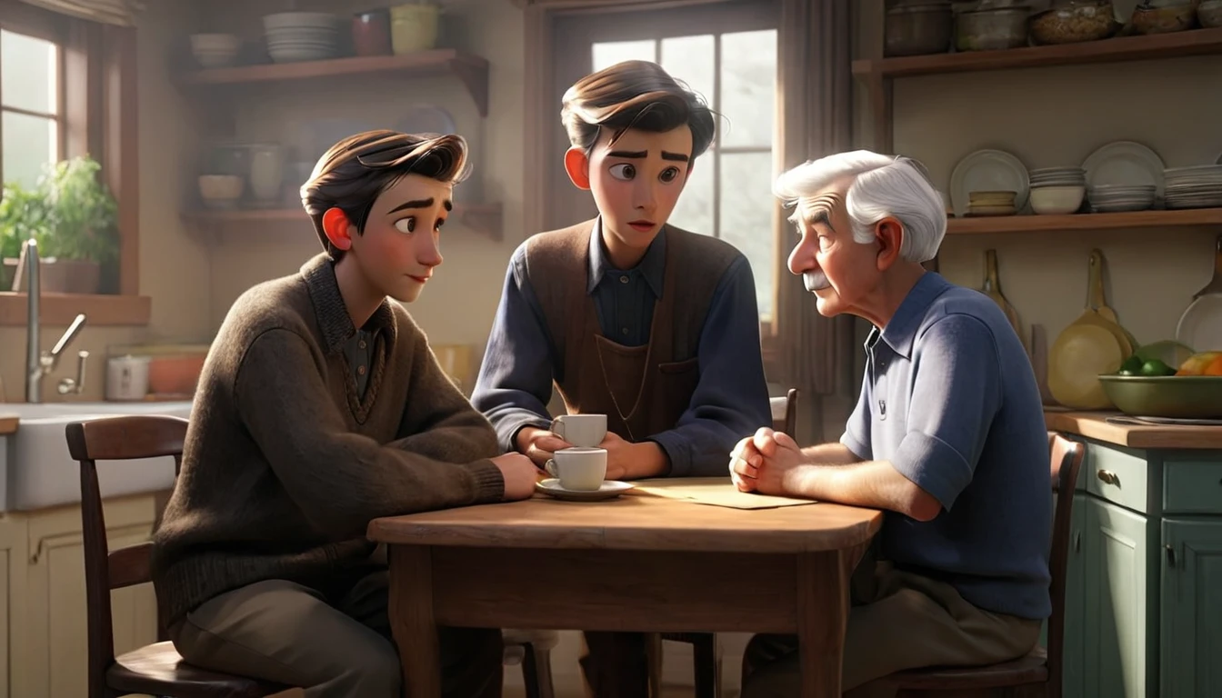 young man jack sitting at a small table in a cozy kitchen, talking to an elderly man who looks wise and calm.