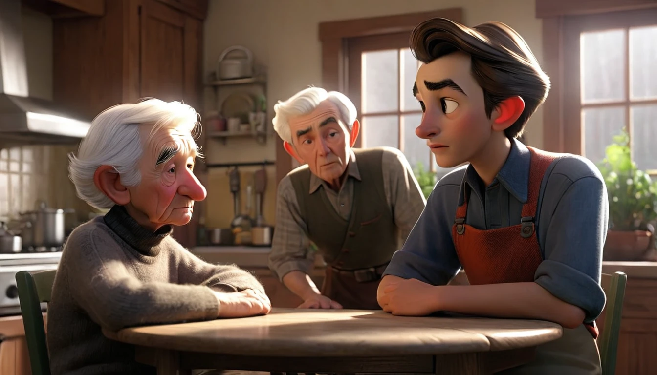 young man jack sitting at a small table in a cozy kitchen, talking to an elderly man who looks wise and calm.