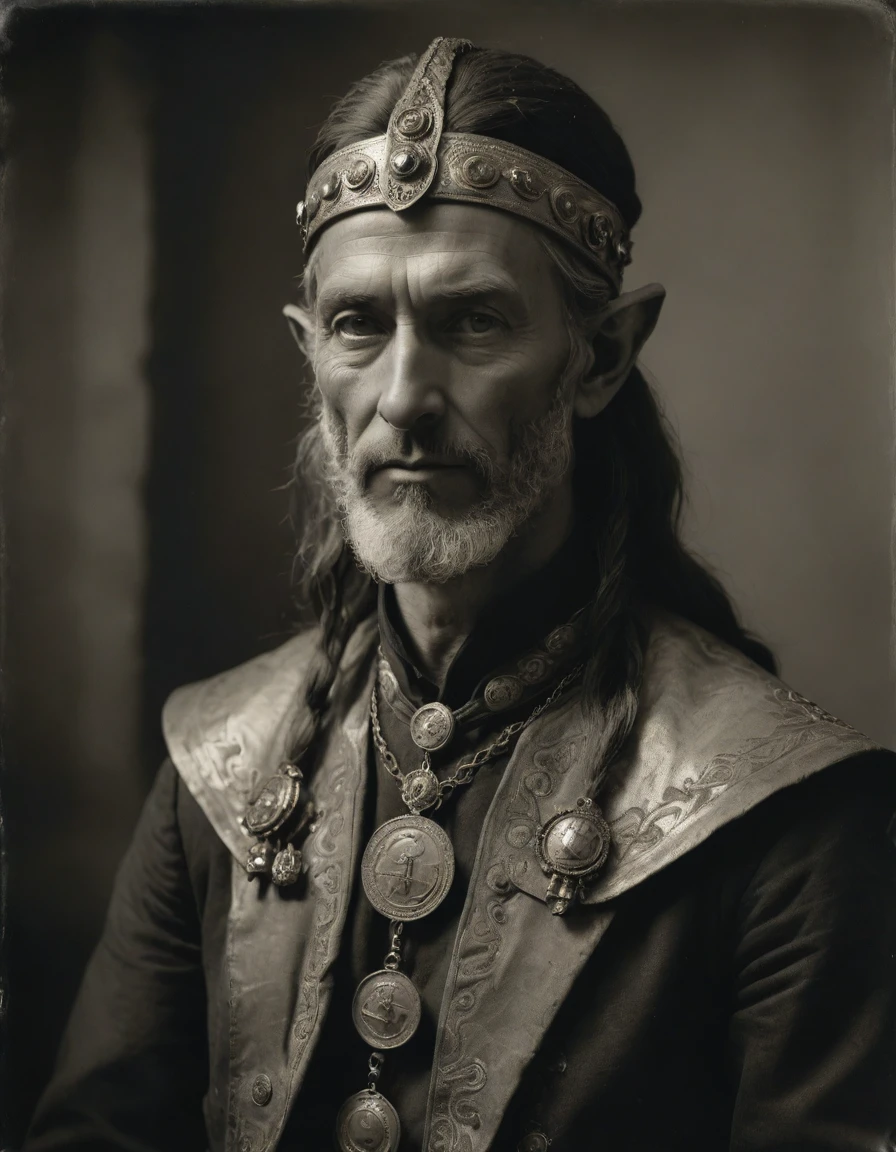 ((((Masterpiece, daguerreotype on old paper, monochrome)))), by Moebius, by Théodore Géricault, the composition is: ((((40 year old male high elf scientist, tan, elf ears, Assyrian beard, sullen, magnificent, he is wearing Mesopotamian costume with Steampunk elements, sashes, medals, pendants)))).
