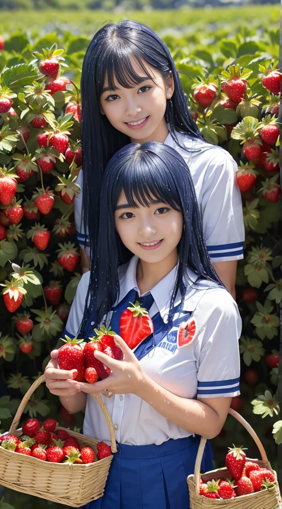 top-quality、超A high resolution、(1 girl in:1.4)、solo、(The upper part of the body:1.2)、(Photorealsitic:1.4)、(Cute Teen Girl:1.2)、Colossal tits、length hair、partedbangs、Air bangs、red-lips、light_Smile、(Shot hair)、wet​、Messy_Blue Hair、Protruding out、(Uniforms:1.4)、White shirt with blue collar、Blue shorts、(Look at viewers:1.4)、(Forearm basket:1.4)、(Strawberry picking:1.4), (Strawberry farm:1.4), (Rows of plants:1.4), (Red berries:1.4), green leafs, rays of sunshine, (baskets:1.2), Picking,(pureerosface_v1:0.5),Korea person、Korean Beauties、A MILF、Mature atmosphere