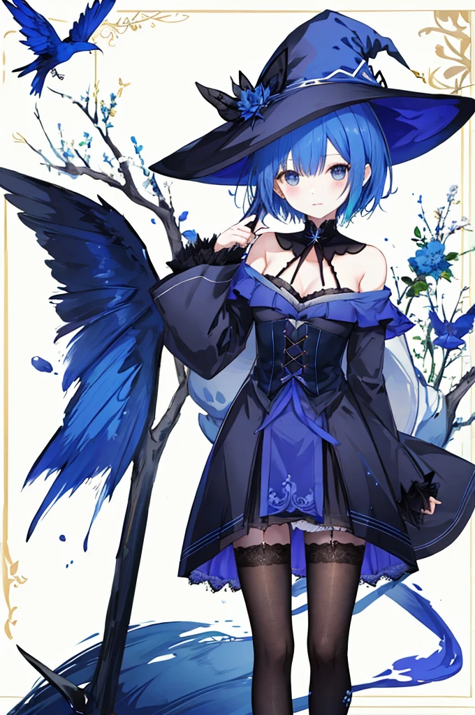 Witch wearing a witch hat、Blue hair short、stockings