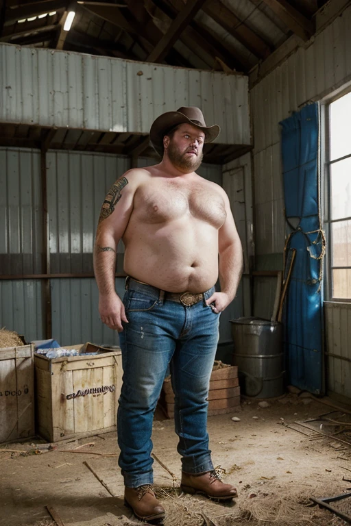 Chubby cowboy with big fat belly, standing shirtless in a barn full of hay, wearing blue jeans and cowboy boots. (( In the style of Adrian Ghenie, Esao Adrews, Jenny Saville, Edward Hopper, surrealism, Dark Art par James Jean, Takato Yamato, Minimalism inkpunk))