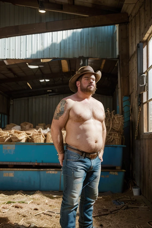 Chubby cowboy with big fat belly, standing shirtless in a barn full of hay, wearing blue jeans and cowboy boots. (( In the style of Adrian Ghenie, Esao Adrews, Jenny Saville, Edward Hopper, surrealism, Dark Art par James Jean, Takato Yamato, Minimalism inkpunk))