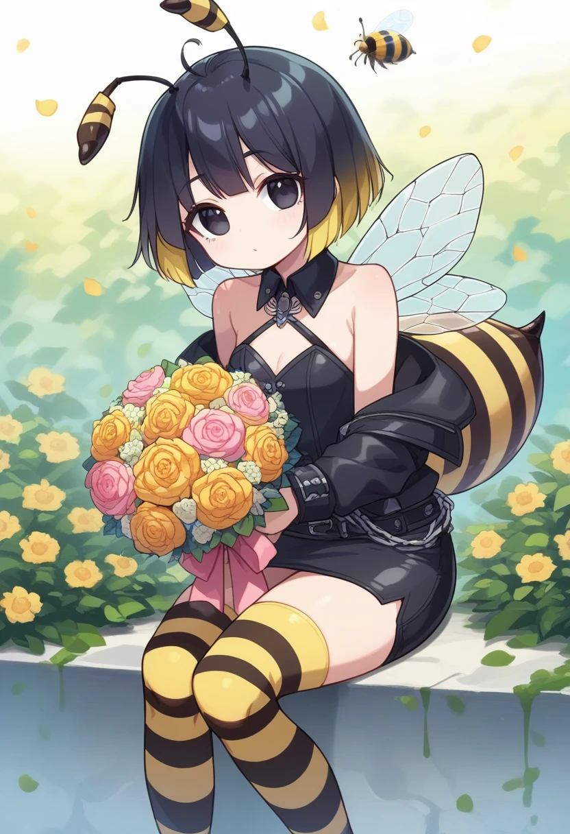 score_9, score_7_up, score_6_up, 1girl, source_cartoon, source_anime,breathtalking Scenery,watercolor,smooth soft skin, natural skin,anime screencap,mjm,rating_questionable,
BREAK
1girl,(hornet girl:1.3), bee girl,(little female child:1.3), (loli:1.3),6 yo, kawaii,baby face,small breast, cute face,oily skin,
BREAK
(black lob hair:1.4),(black bob cut:1.3),(yellow gradient hair:1.2),(yellow dip-dye hair:1.1),ahoge,highlight on eyes,(nail_polish:1.1), beautiful eyes, detailed eyes, puffy eyes,black eyes,highlight on eyes
BREAK
(bee antennae:1.3), (PVC material Extremely small bee wings:1.1), (bee wings:1.1),symmetry bee wings,
BREAK
belt buckle,black jacket, zip up, (pencil Skirt:1.1),(yellow striped black stockings:1.3),pierce,chain accessory,punk rock, croped shirt
BREAK
looking up,upturned eyes,flowerbackground,flowergarden,flower bouquet, (digits behind bouquet:1.3), (hands behind bouquet:1.3),falling petals,
(holding bouquet:1.1), celebration, Congratulations,confetti, bloom effect,dynamicangle,pastelcolor,