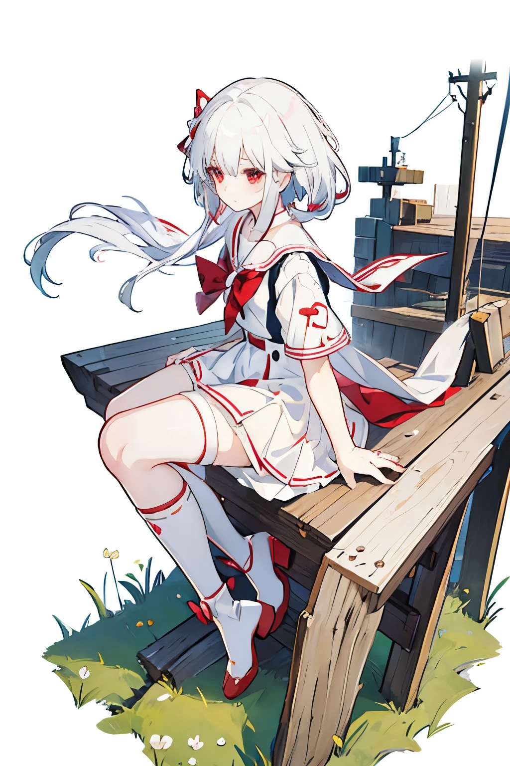 Anime Girls with white hair and red bow sitting on the ground, Sailor dress, Cute girl anime visuals, young Anime Girls, Anime Best Girl, (Anime Girls), pretty Anime Girls, White Hair Girl, beautiful Anime Girls, White background、Full-body portrait、Brown boots、Red Eyes、Marine color dress、Knee-high socks、whiteback、Standing girl