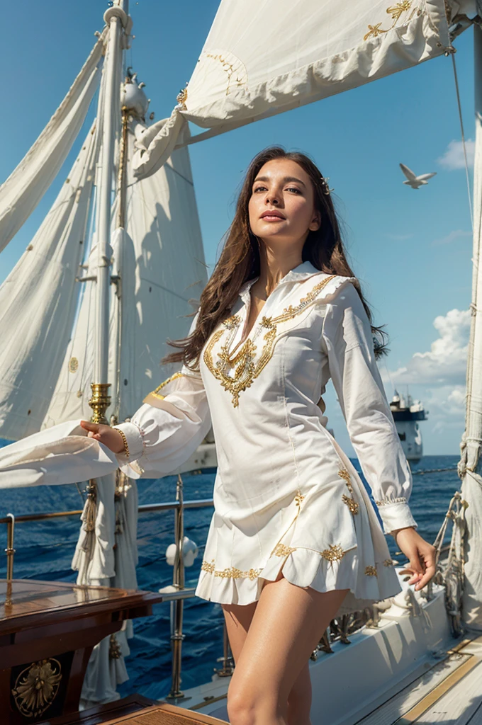 (((Masterpiece, highest quality, high definition, high detail)))), ((((Fantasy))), one, (short skirt of white with gold embroidery), (brownlong straight hair), (glossy dark browneyes), (white ruffled blouse embroidered with gold), big, (((on the deck of a sailing ship at sea)), (vast sea))), (The firmament with clouds visible)), (( Seagulls flying in the sky)), smile, (breeze), particles of light flying
