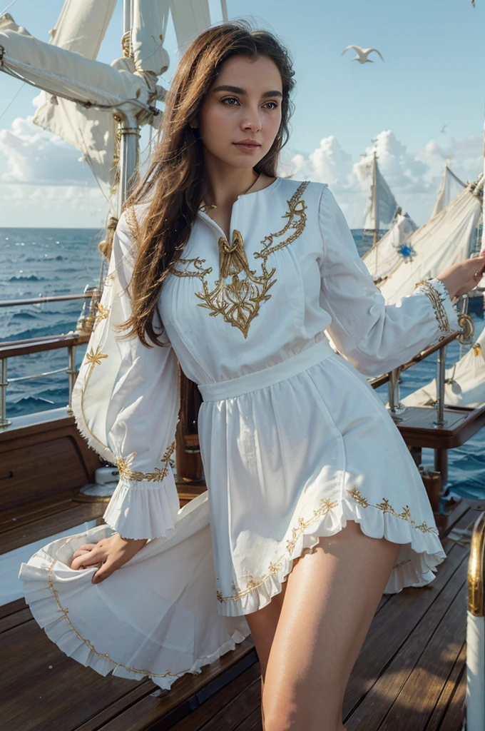 (((Masterpiece, highest quality, high definition, high detail)))), ((((Fantasy))), one, (short skirt of white with gold embroidery), (brownlong straight hair), (glossy dark browneyes), (white ruffled blouse embroidered with gold), big, (((on the deck of a sailing ship at sea)), (vast sea))), (The firmament with clouds visible)), (( Seagulls flying in the sky)), smile, (breeze), particles of light flying
