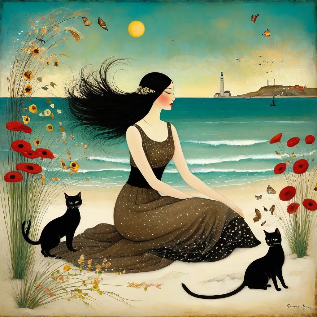 Art style by Sam Toft, Florine Stettheimer, Dina Wakley, catrin welz-stein, Gabriel Pacheco, Elisabeth Fredriks, of Young European woman with long black hair, sweet light brown eyes, sitting on the beach with Cats long necks and flowers dancing in the distance, Art Deco, Wide-Angle, elegant fantasy intricate 8k very attractive fantastic view ultra detailed crisp quality very cute acrylic art naive