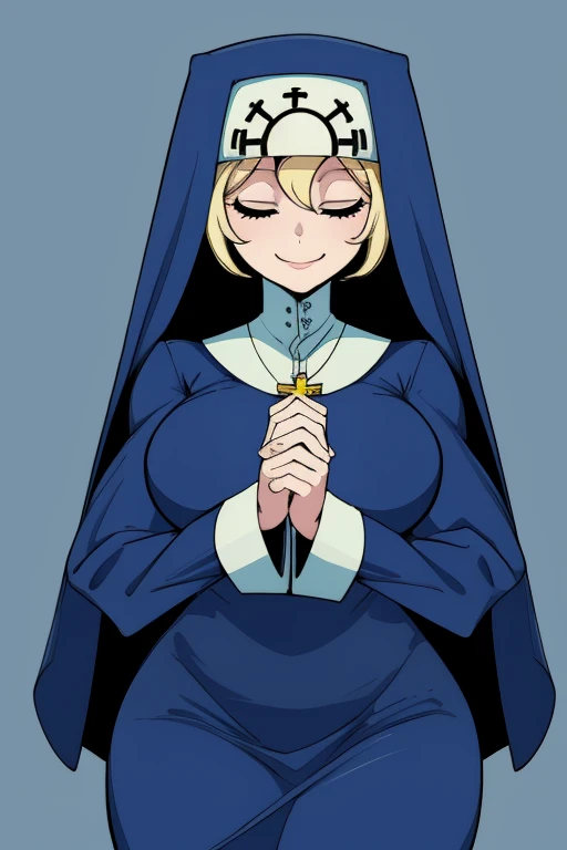 Double, short blonde hair, medium breasts, solo, smiling, cowboy shot, closed eyes, 
 blue habit, cross necklace ,long sleeves, nun, 
(insanely detailed, beautiful detailed face,beautiful detailed eyes, masterpiece, best quality) church,
   